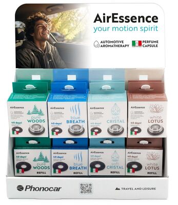 Phonocar 04985 Prémium illatosító készlet kínáló csomag 4 illattal, 8 készlet + 16 utántöltő, kompakt asztali display